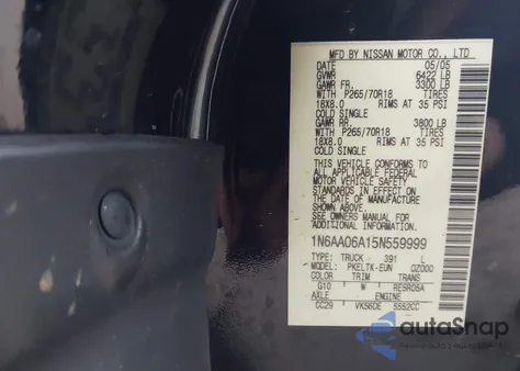 2005 Nissan Titan Se из США, поврежденный, VIN 1N6AA06A15N559999